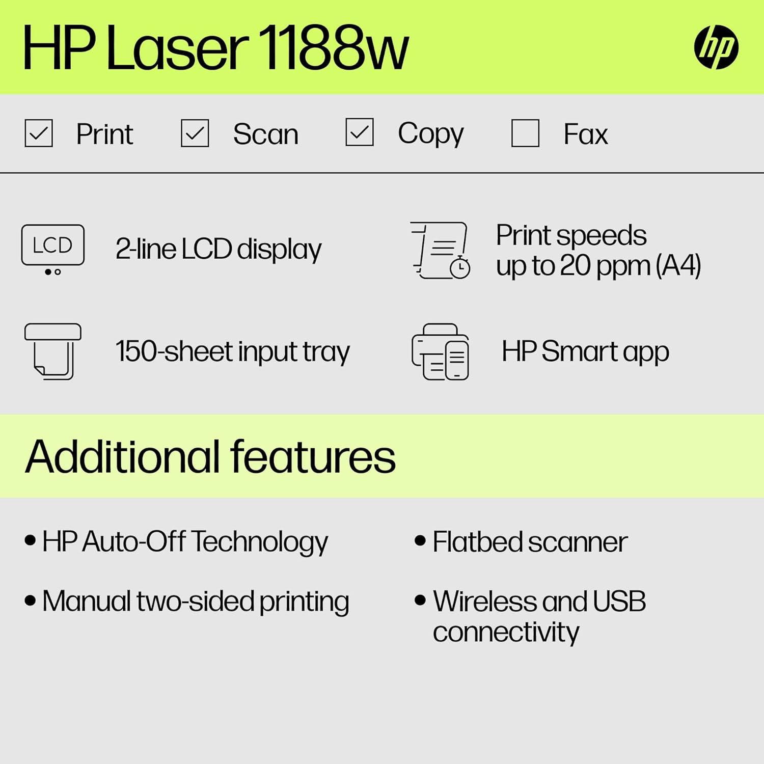 HP Laser MFP 1188w, Wireless, Print, Copy, Scan, Ethernet, Hi-Speed USB 2.0, Up to 21 ppm, 150-sheet Input Tray, 100-sheet Output Tray, 10,000-page Duty Cycle, 1 Year Warranty, Black and White thumbnail 4