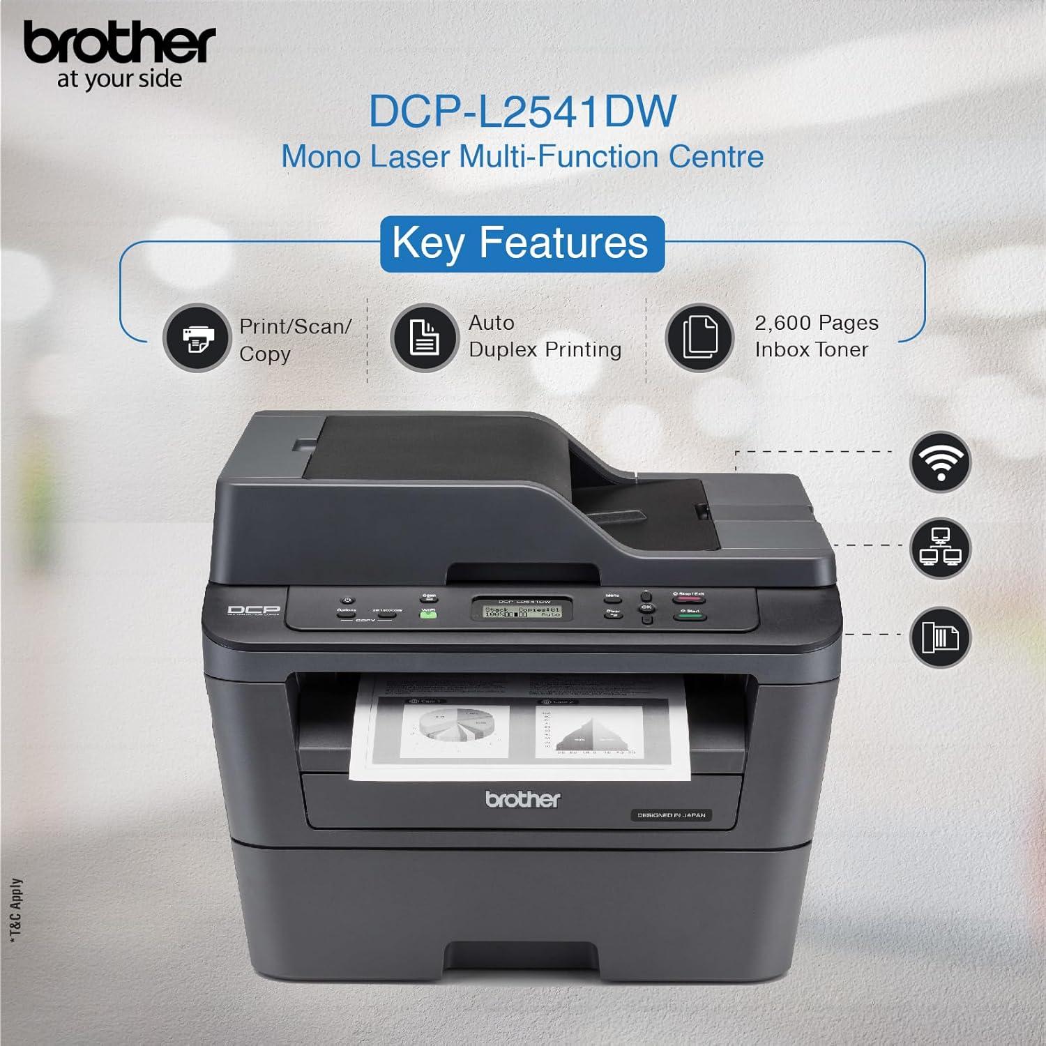Brother DCP-L2541DW | 30 PPM | 32 MB | USB 2.0, Ethernet, Wireless or Wi-Fi | Print, Copy, Sacan, ADF | Automatic Duplex | A4 Printer | 1 Year Warranty thumbnail 3