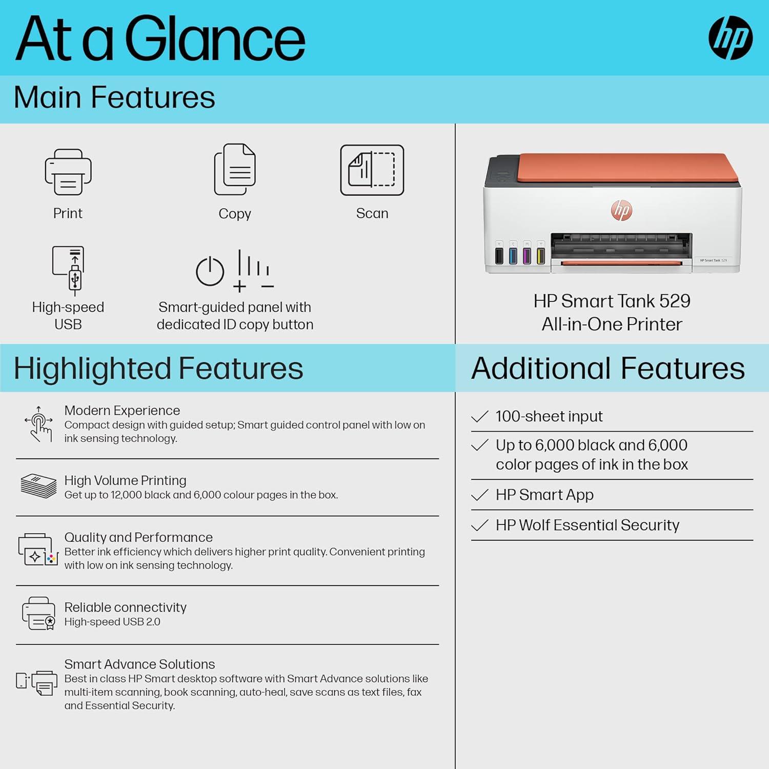 HP Smart Tank 529 A4 Ink Tank Colour Multifunction Printer | 12 PPM (Black) and 5 PPM (Color) | 64 MB | USB | Print, Scan & Copy | 1 Year Warranty thumbnail 4