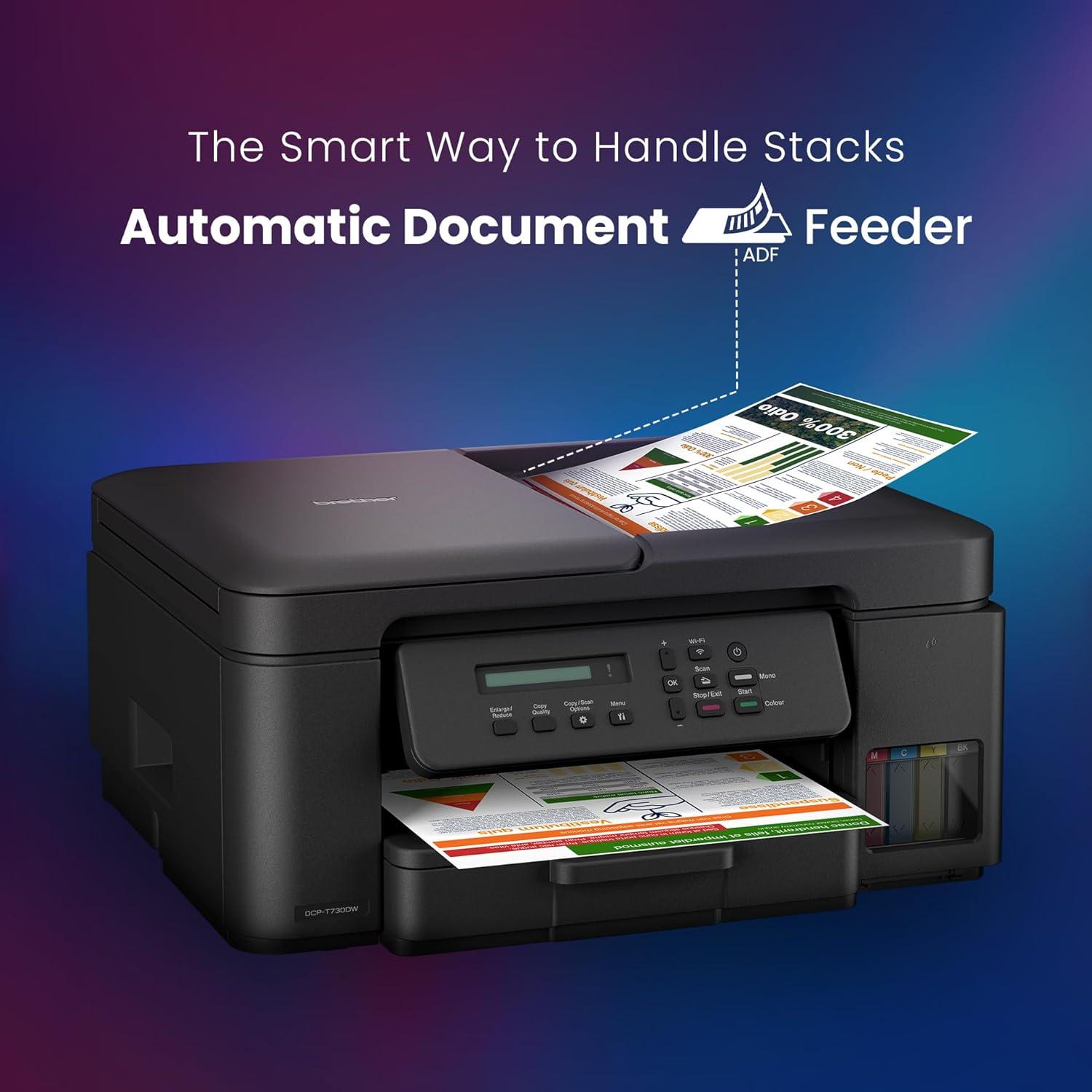 Brother DCP-T730DW A4 Color Multifunction Printer | 6 ipm (Black)/ 15.5 ipm (Colour) | USB 2.0, Wireless or Wi-Fi |  Automatic Duplex | Print, Copy, Scan, ADF | Free Installation | 1 Year warranty thumbnail 5