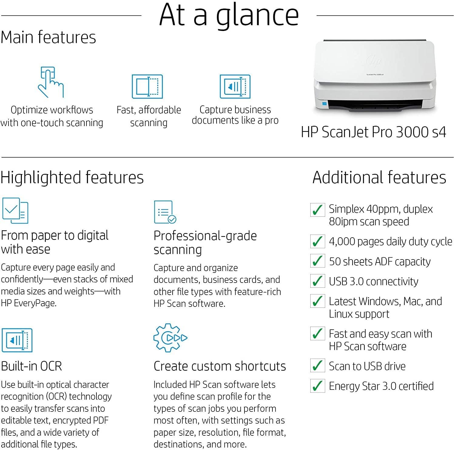 HP Scanjet Pro 3000 s4 Sheet-Feed A4 Scanner | Simplex 40 PPM | Duplex 80 PPM | 256 MB | Automatic Duplex | USB 3.0 | 1 Year warranty thumbnail 4