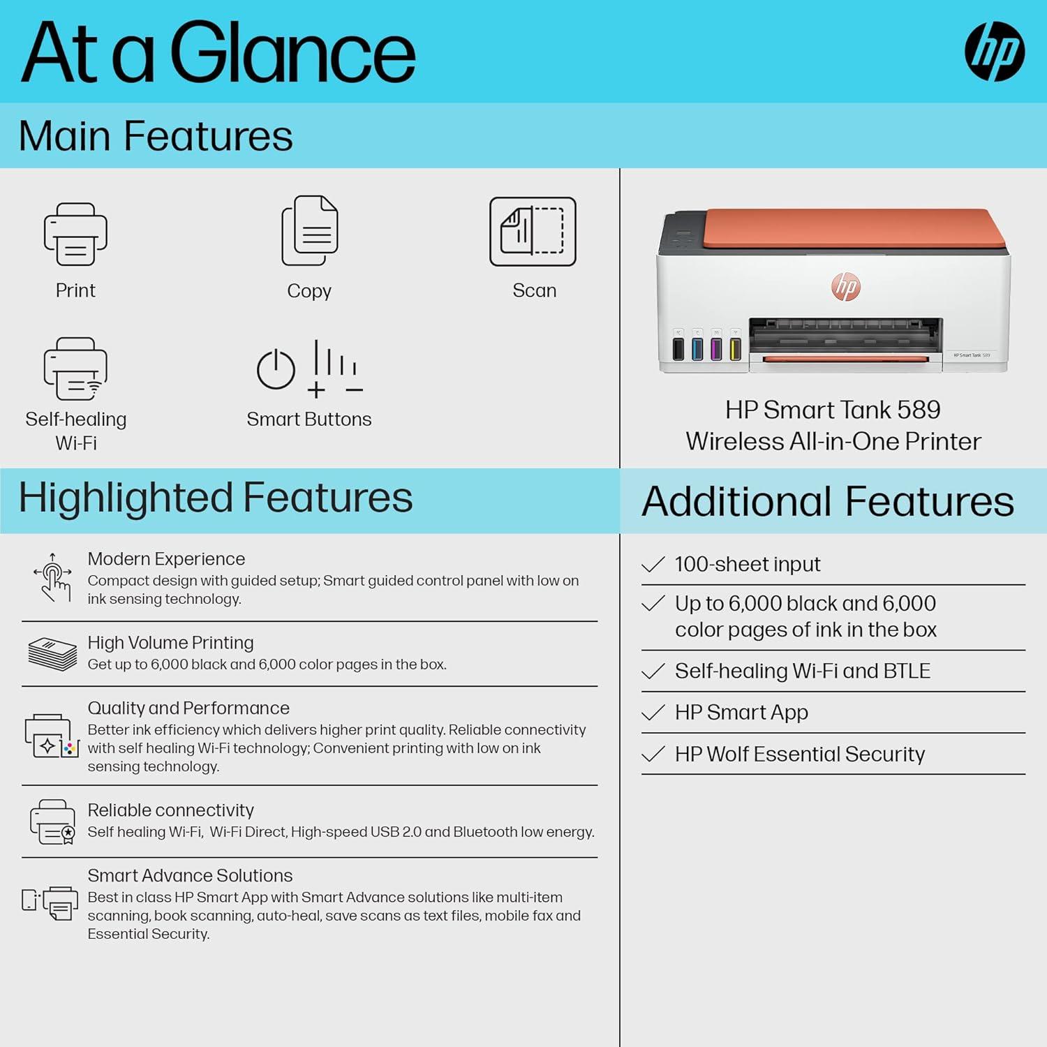 HP Smart Tank 589 A4 Ink Tank Colour Multifunction Printer | 12 PPM (Black) and 5 PPM (Color) | 64 MB | USB 2.0, Wireless or Wifi | Print, Copy and Scan | 1 Year Warranty thumbnail 5