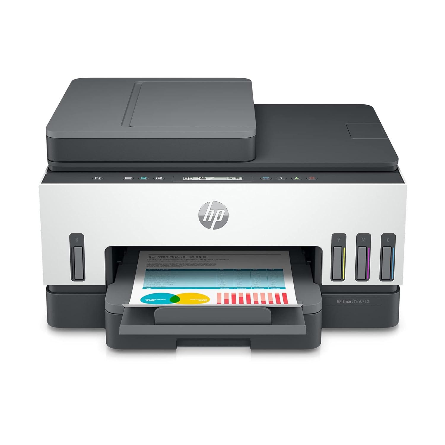 Image of HP Smart Tank 750 A4 Ink Tank Colour Multifunction Printer | 23 PPM (Black) and 22 PPM (Color) | 256 MB | USB 2.0, Ethernet & Wireless or Wi-Fi | Print, Scan, Cope & ADF | Automatic Duplex | 1 Year Warranty