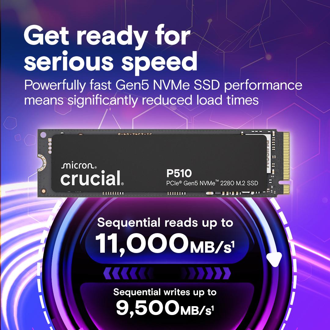 Crucial P510 1TB PCIe Gen5 NVMe M.2 SSD, Read and Write speeds up to 11000 & 9500MB/s, 5 Year Warranty thumbnail 2