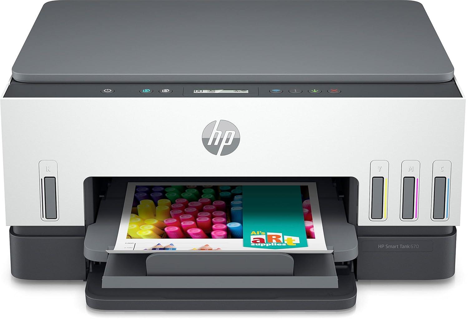 HP Smart Tank 670 A4 Ink Tank Colour Multifunction Printer | 22 PPM (Black) and 21 PPM (Color) | 128 MB | USB 2.0, Wireless or Wi-Fi | Automatic Duplex | Print, Copy, Scan | 1 Year Warranty