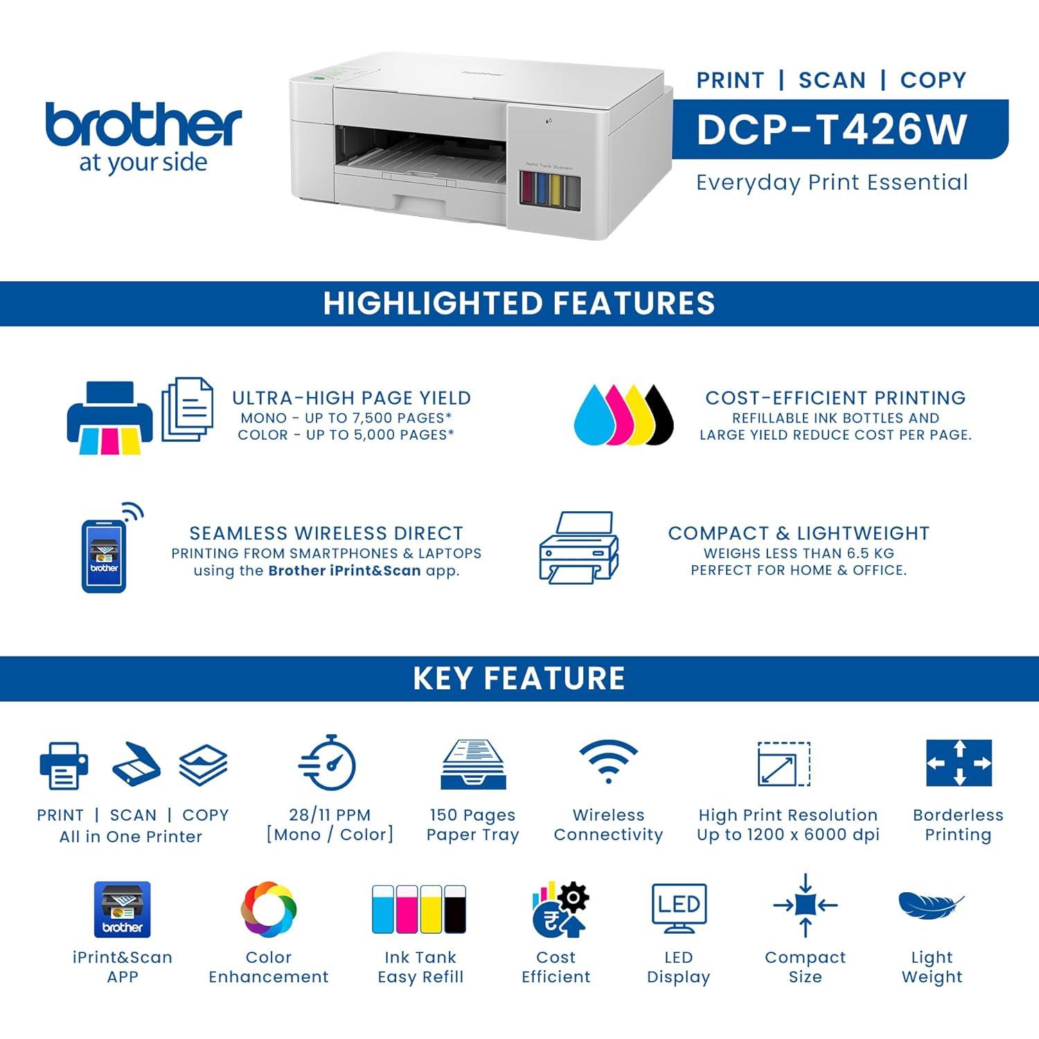 Brother DCP-T426W Inkjet A4 Color Multifunction Printer | 8 PPM (Black)/ 5 PPM (Colour) | 64 MB | Print, Scan, Copy | USB 2.0, Wiresless or Wi-Fi | Free Installation | 1 Year Warranty thumbnail 5