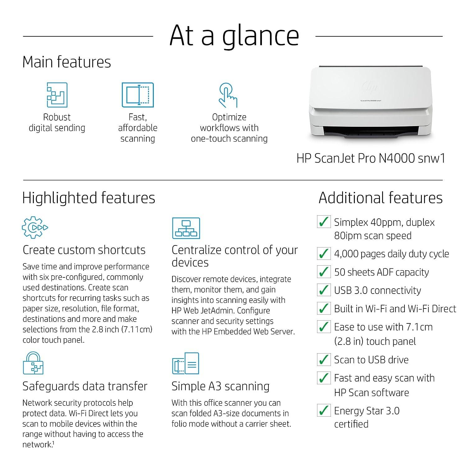 HP ScanJet Pro N4000 snw1 | 40 PPM | 512 MB | Wireless or Wi-Fi | USB 3.0, Ethernet, Wireless or Wi-Fi | Color Automatic Duplex A4 Scanner | 1 Year Warranty  thumbnail 4