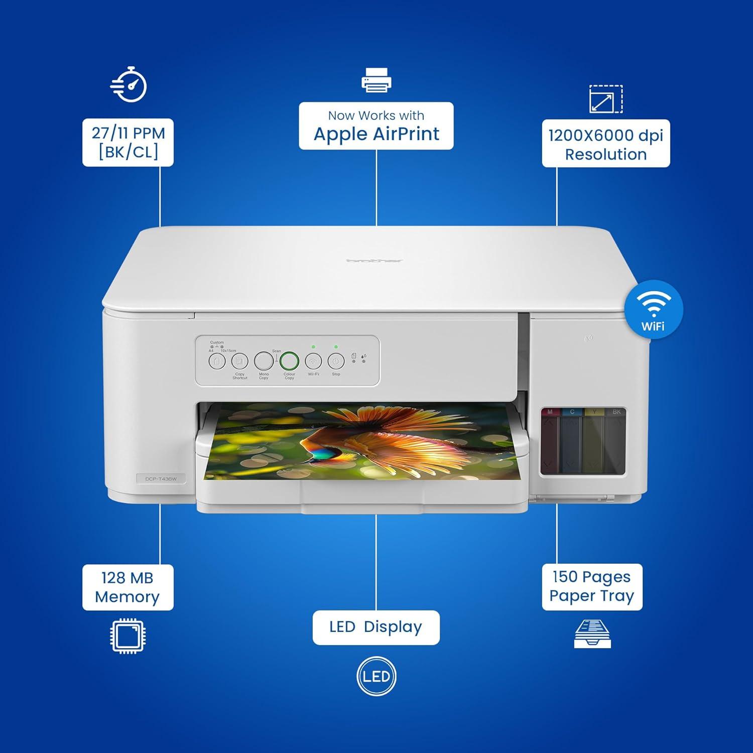 Brother DCP-T436W A4 Inkjet Multifunction Printer | 26 PPM (Black)/ 11 PPM (Colour) | 128 MB | Print, Scan, Copy | USB 2.0, Wireless or WiFi |Free Installation | 1 Year Warranty thumbnail 4