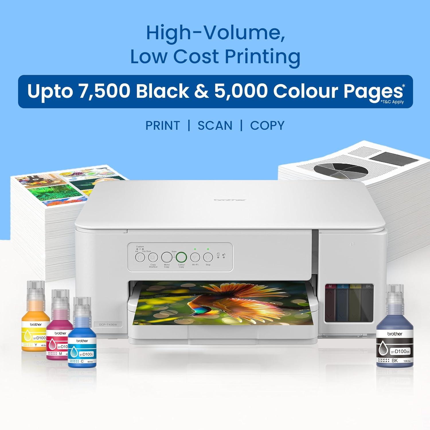 Brother DCP-T436W A4 Inkjet Multifunction Printer | 26 PPM (Black)/ 11 PPM (Colour) | 128 MB | Print, Scan, Copy | USB 2.0, Wireless or WiFi |Free Installation | 1 Year Warranty