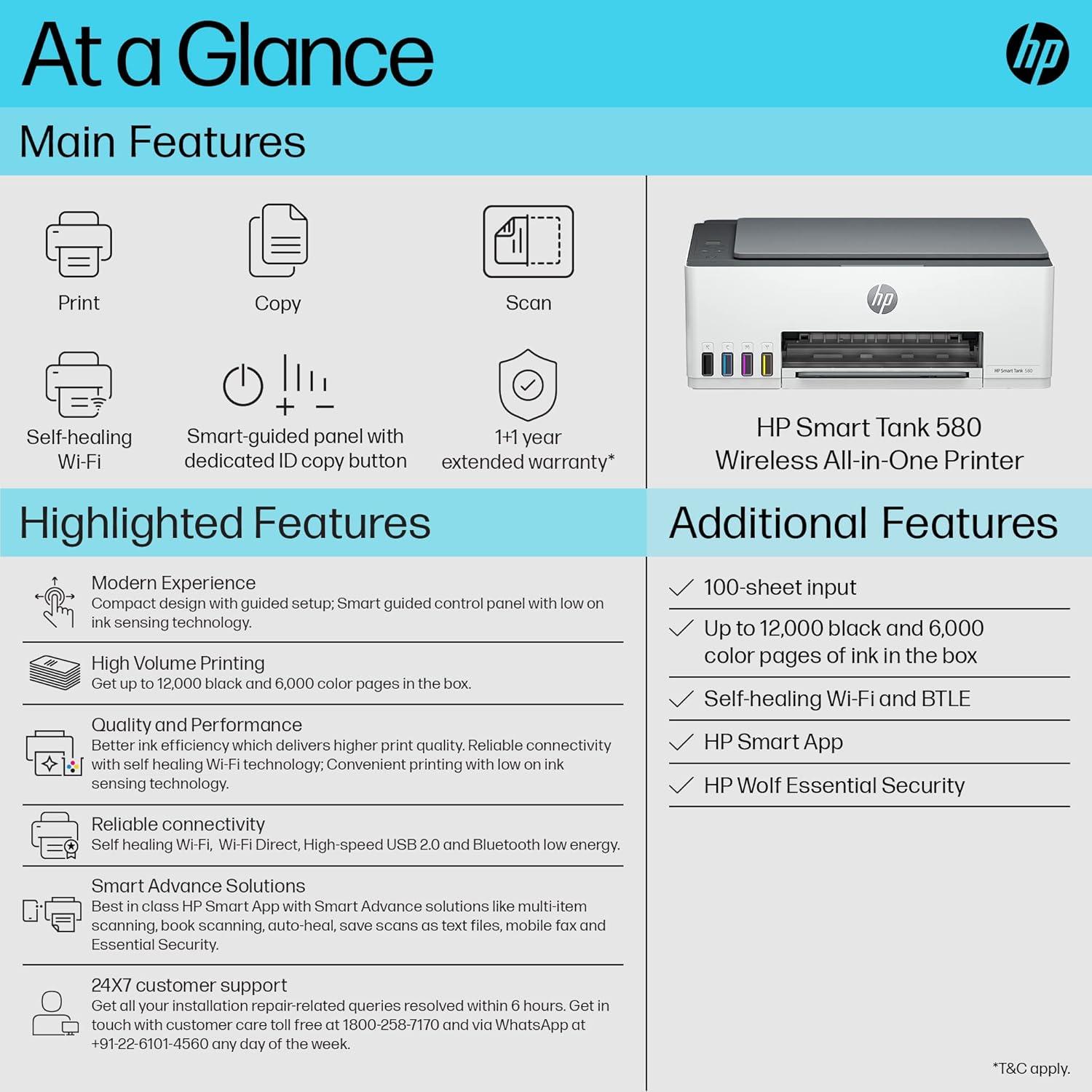 HP Smart Tank 580 A4 Ink Tank Colour Multifunction Printer | 12 PPM (Black) and 5 PPM (Color) | 64 MB |  USB 2.0, Wireless or Wi-Fi | Print, Copy, Scan | 1 Year Warranty thumbnail 4