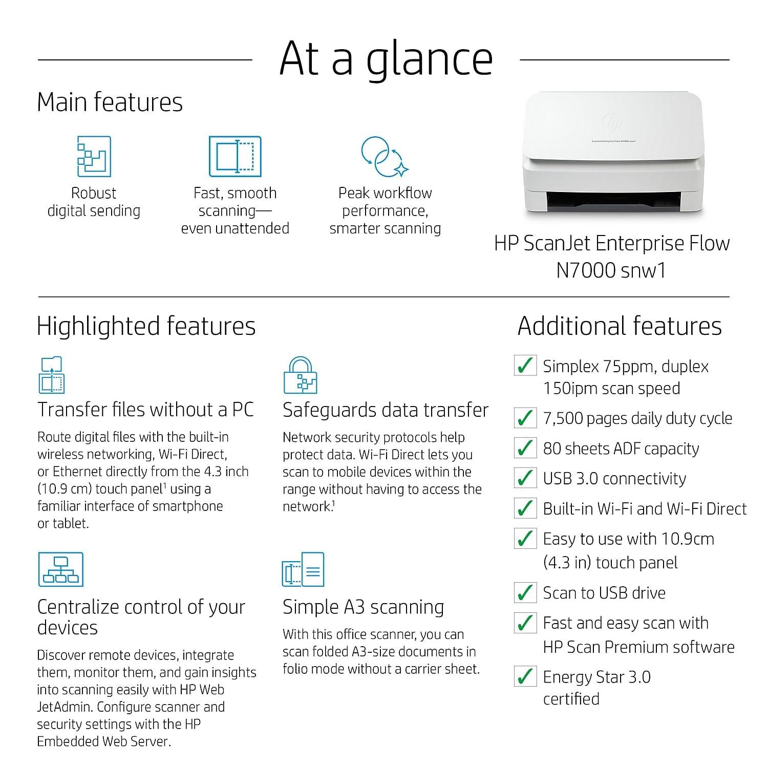 HP ScanJet Enterprise Flow N7000 snw1 | 75 PPM | 512 MB | USB 3.0, Ethernet, Wireless or WiFi | A4 ADF Scanner | 1 Year Warranty thumbnail 4