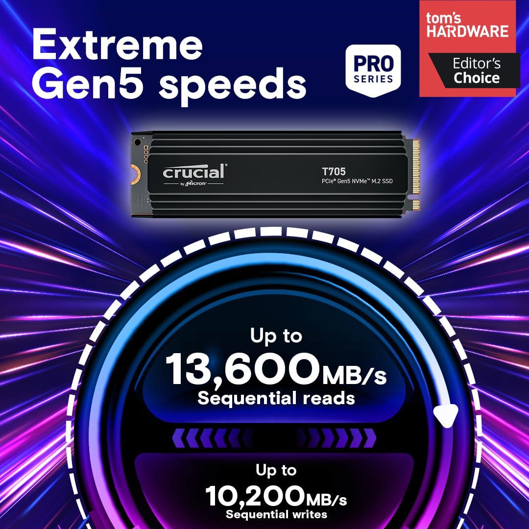Crucial T705 4TB PCIe 5.0 NVMe M.2 SSD with limited edition white heatsink, Read and Write speeds up to 14100 & 12600MB/s, 5 Year Warranty thumbnail 2