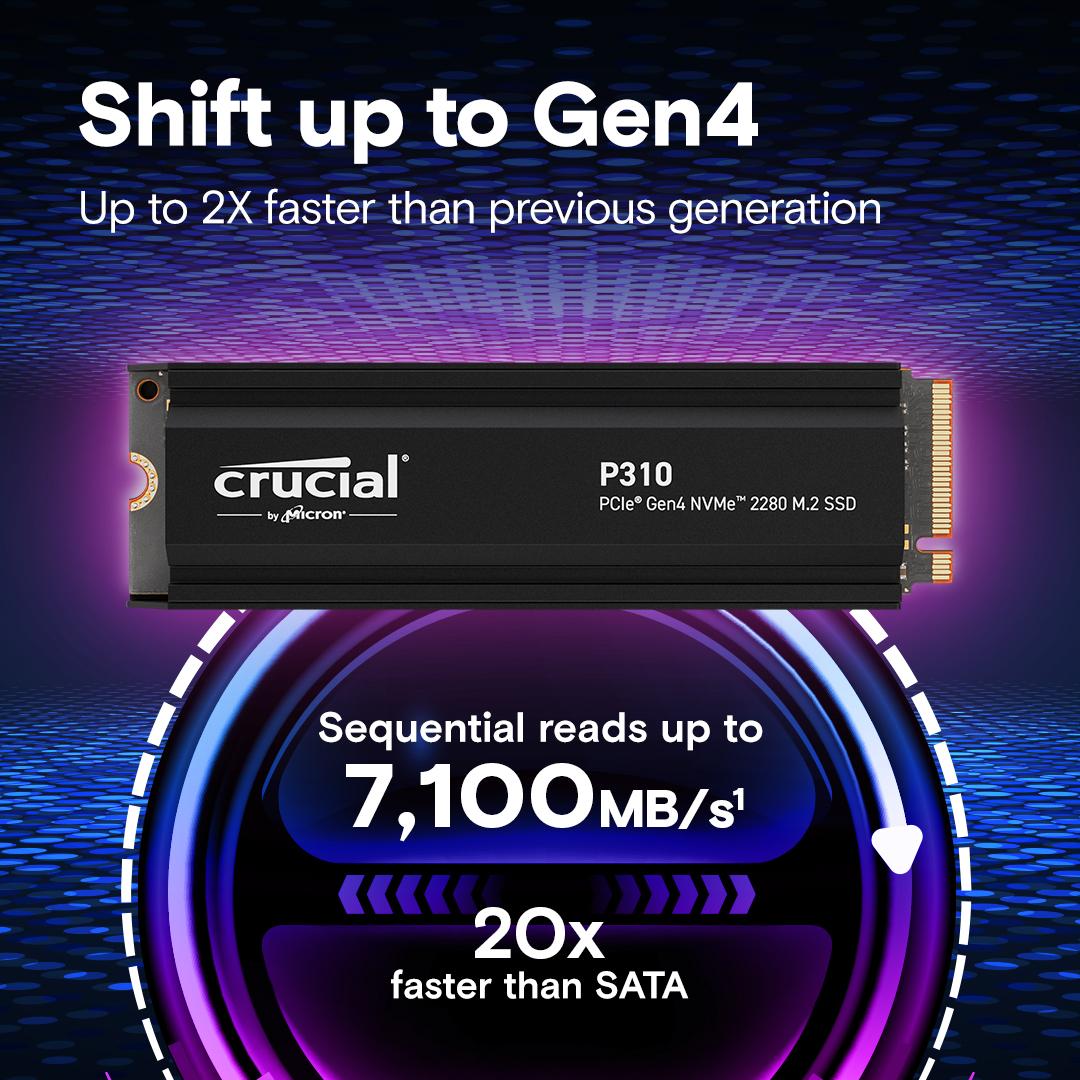 Crucial P310 1TB PCIe Gen4 NVMe 2280 M.2 SSD with heatsink, Read and Write speeds up to 7100 & 6000 MB/s, 5 Year Warranty thumbnail 2