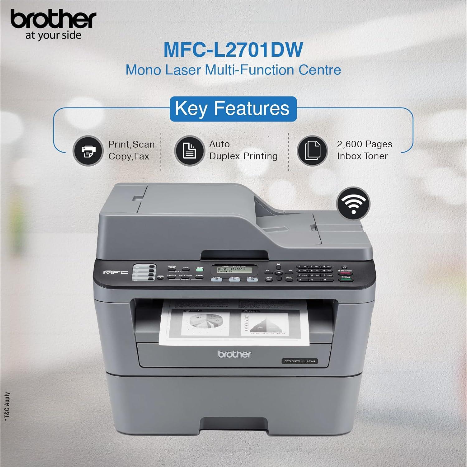 Brother MFC L2701DW A4 Laserjet All in One Printer | 30 PPM | 32 MB | USB 2.0 | Ethernet | Wireless of Wi-Fi | Print | Copy | ADF Scan | Fax |  Automatic Duplex | 2 in 1 ID Copy Button | 2-line LCD Display | 1 Year Warranty thumbnail 3