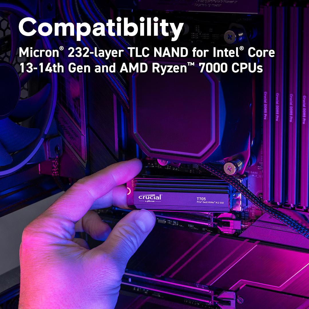 Crucial T705 1TB PCIe Gen5 NVMe M.2 SSD with heatsink, Read and Write speeds up to 13600 & 10200MB/s, 5 Year Warranty thumbnail 3