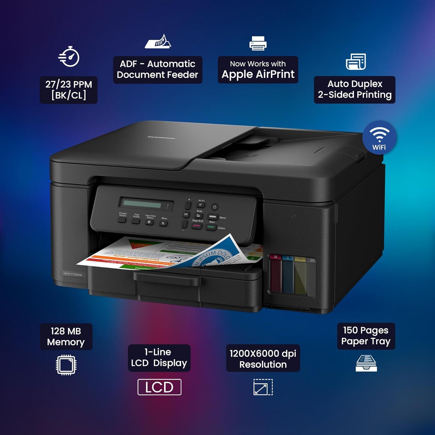 Brother DCP-T730DW A4 Color Multifunction Printer | 6 ipm (Black)/ 15.5 ipm (Colour) | USB 2.0, Wireless or Wi-Fi |  Automatic Duplex | Print, Copy, Scan, ADF | Free Installation | 1 Year warranty thumbnail 6