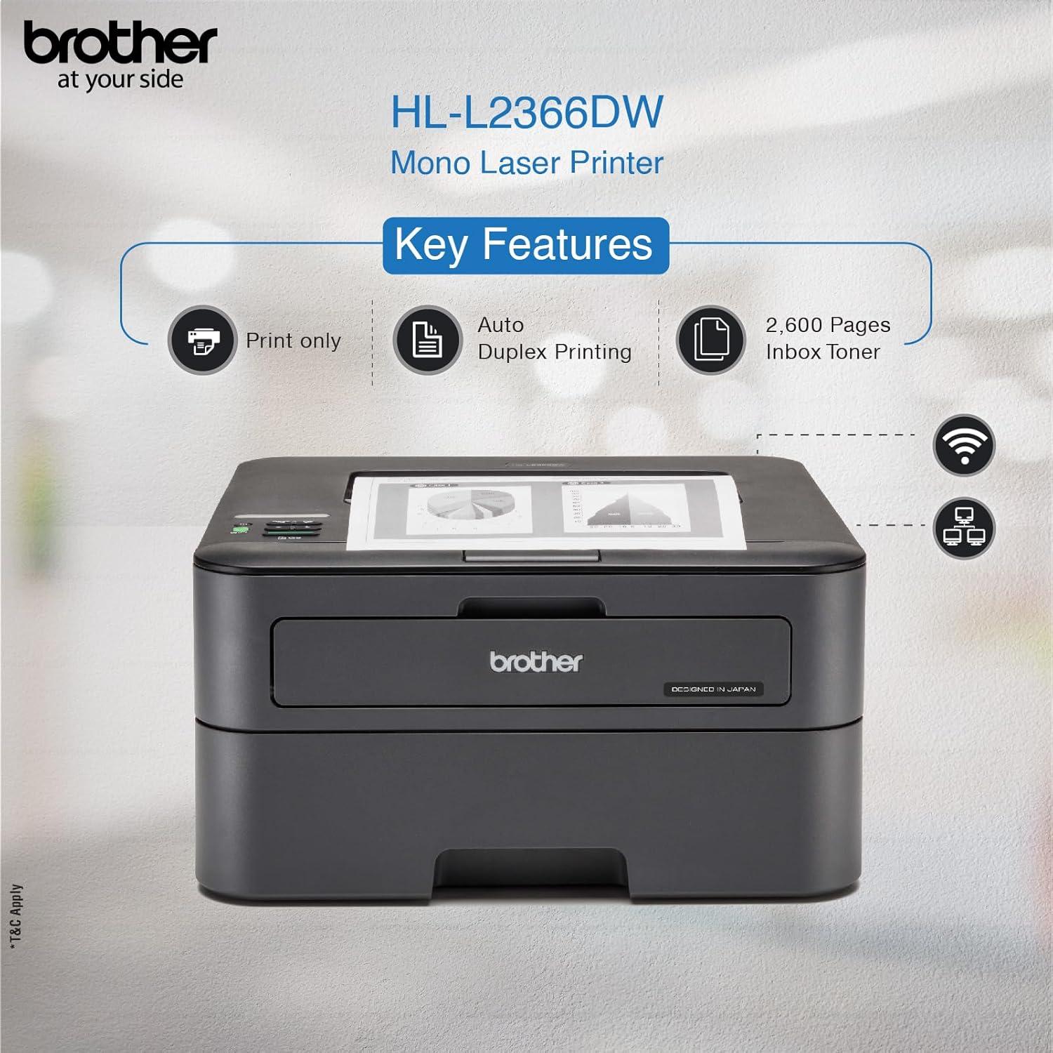 Brother HL-L2366DW A4 Laserjet Single Function Printer | 30 PPM | 32 MB | Automatic Duplex | USB 2.0 | Ethernet | Wireless or Wi-Fi | Free Installation |1 Year Warranty thumbnail 2