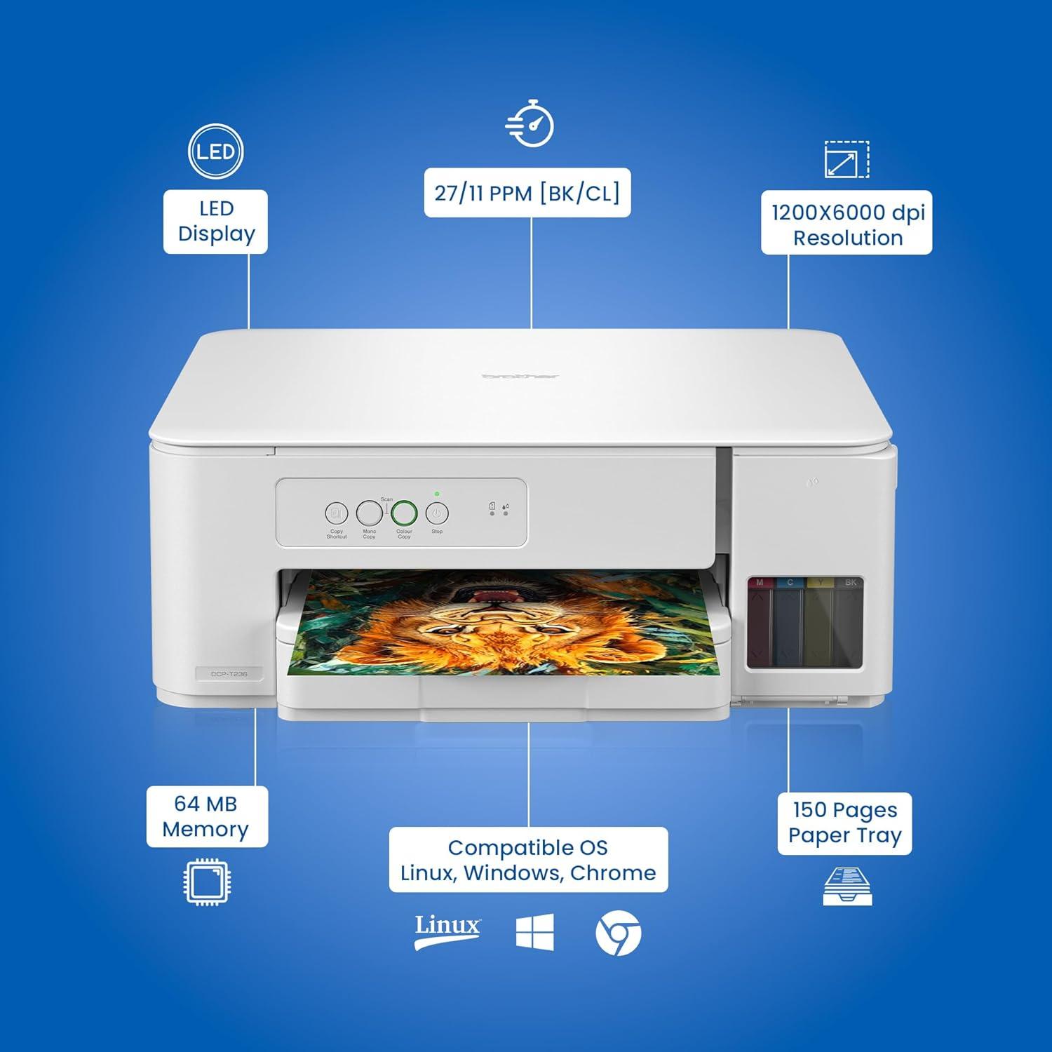 Brother DCP-T236 A4 Colour A4 Multifunction Printer | up to 16 ipm (Black)/ 9 ipm (Colour) | USB 2.0 | 64 MB | Print, Scan, Copy | Free Installation | 1 Year warranty thumbnail 3