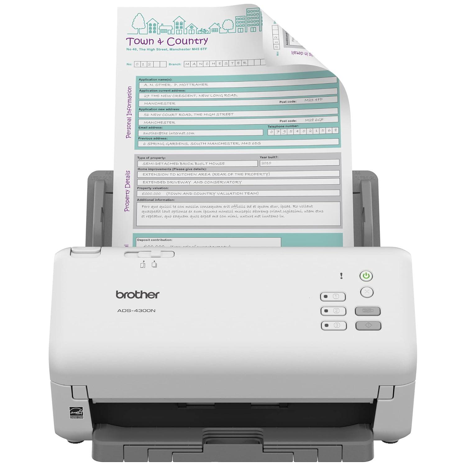 Brother ADS-4300N Desktop Document Scanner | 40 PPM | 512 MB | USB 3.0, Ethernet | ADF Scanning | Automatic Colour Scanning | A4 Scanner | 1 Year Warranty