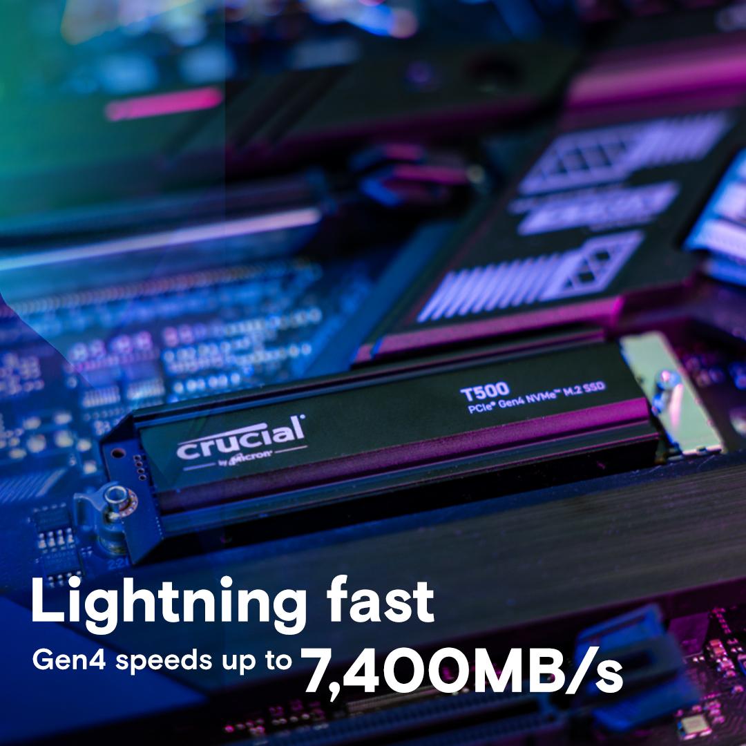 Crucial T500 1TB PCIe Gen4 NVMe M.2 SSD with heatsink, Read and Write speeds up to 7300 & 6800MB/s, 5 Year Warranty thumbnail 2