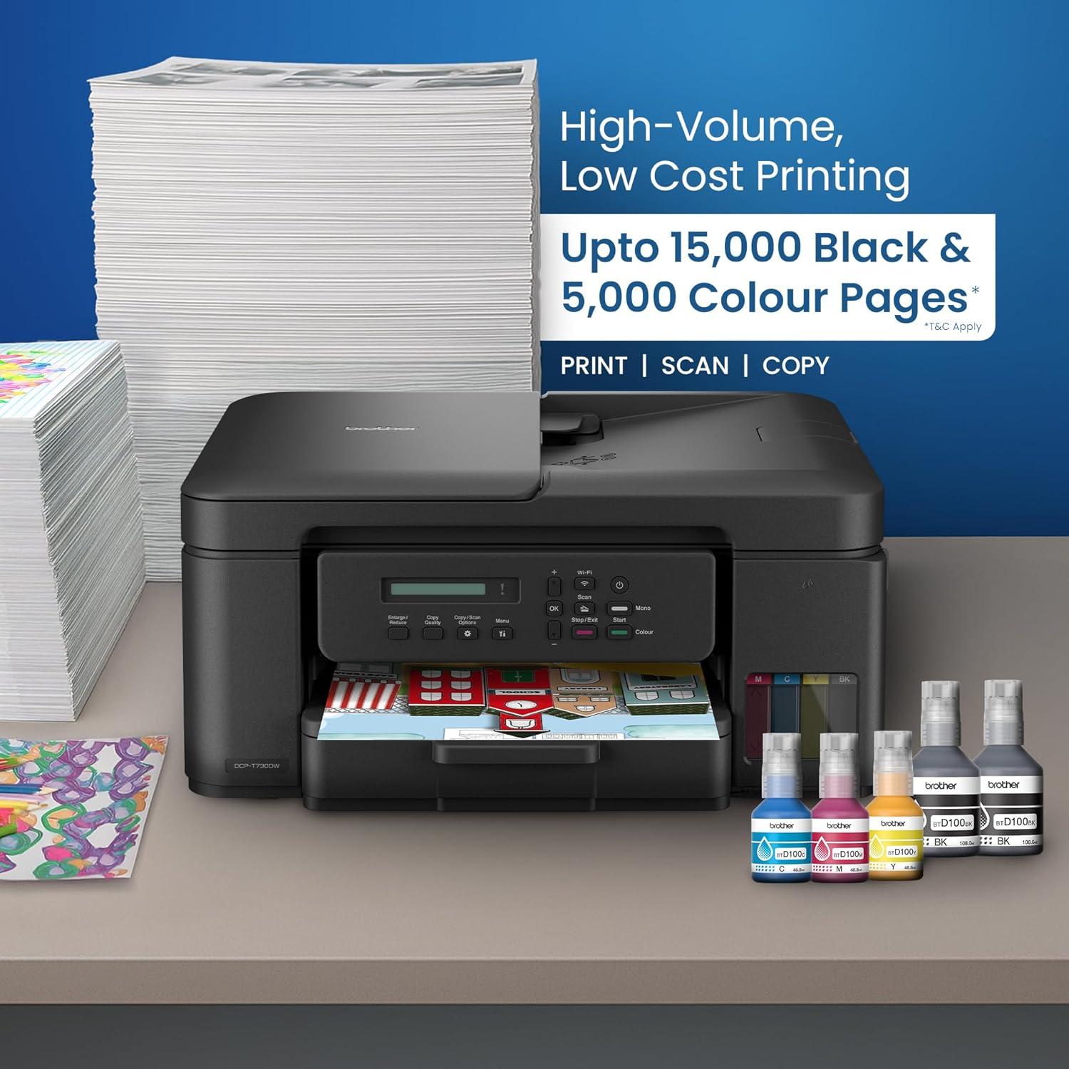 Brother DCP-T730DW A4 Color Multifunction Printer | 6 ipm (Black)/ 15.5 ipm (Colour) | USB 2.0, Wireless or Wi-Fi |  Automatic Duplex | Print, Copy, Scan, ADF | Free Installation | 1 Year warranty