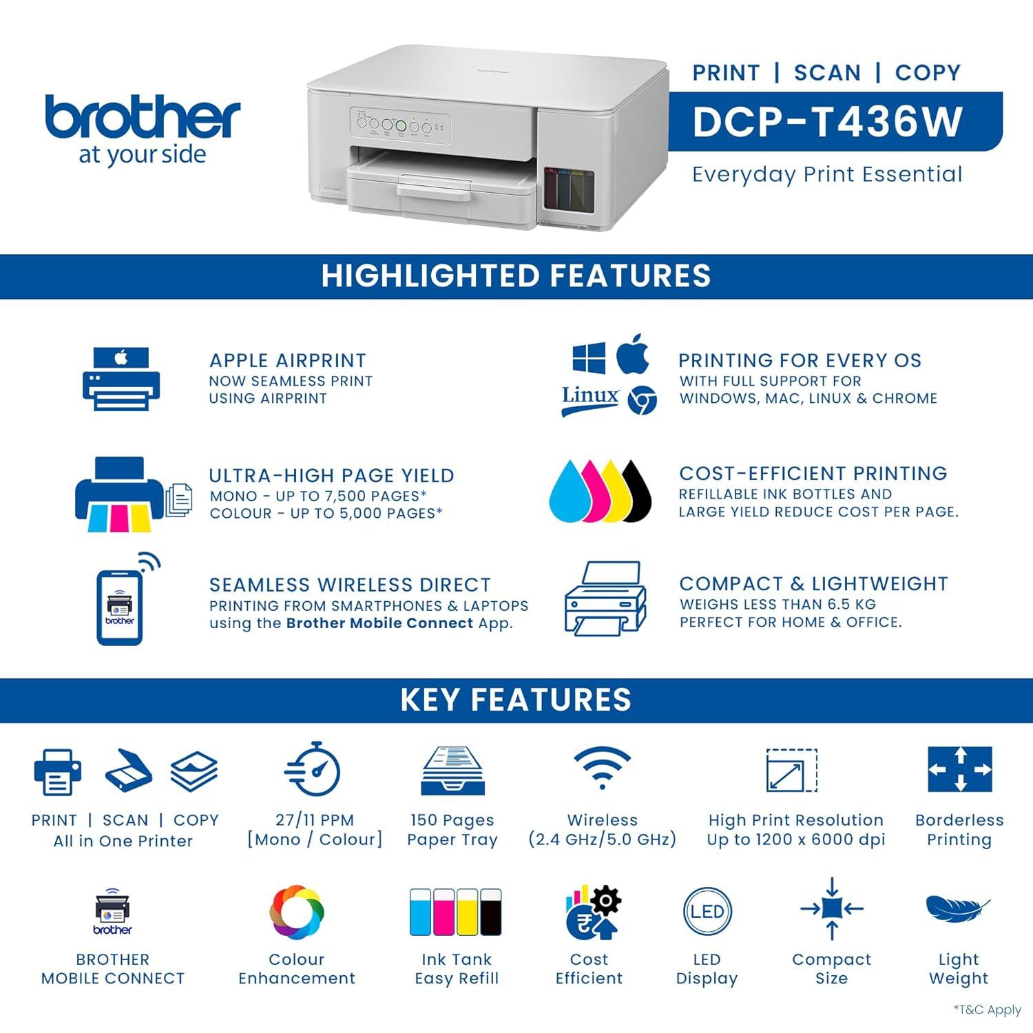 Brother DCP-T436W A4 Inkjet Multifunction Printer | 26 PPM (Black)/ 11 PPM (Colour) | 128 MB | Print, Scan, Copy | USB 2.0, Wireless or WiFi |Free Installation | 1 Year Warranty thumbnail 6